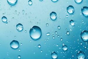 Transparent water drops on blue background. Realistic liquid. Abstract backdrop. Hydration concept. Generative AI. photo