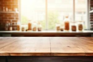 Empty wooden table top and blurred kitchen interior on the background. Copy space for your object, product, food presentation. Generative AI. photo