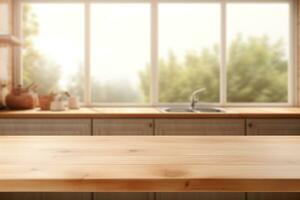 Empty wooden table top and blurred kitchen interior on the background. Copy space for your object, product, food presentation. Generative AI. photo