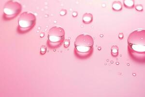 Transparent water drops on pink background. Realistic liquid. Abstract backdrop. Empty, copy space for text. Generative AI. photo