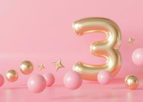 Golden number three on pink background. 3 Years Old. Third Birthday Celebration. Girls party. Baby girl celebrates. Special event. Anniversary of the beauty company, women's business. 3D Render. photo