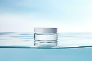 Blank, unbranded cosmetic cream jar standing in water. Skin care product presentation. Skincare, beauty. Jar with copy space, moisturizer. Generative AI. photo