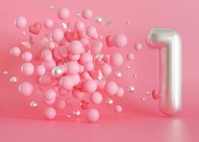 Silver, glossy number one on pink background. 1 Year Old. First Birthday Celebration. Girls party. Baby girl celebrates. Special event. Anniversary of the beauty company, women's business. 3D Render. photo