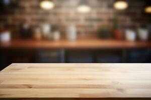 Empty wooden table top and blurred kitchen interior on the background. Copy space for your object, product, food presentation. Generative AI. photo