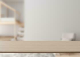 Empty wooden table top and blurred kids room interior on the background. Copy space for your object, product, toy presentation. Display, promotion, advertising. 3D Rendering. photo