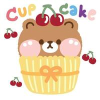 Cute teddy bear head chocolate cupcake with cherry on white background.Sweet vector