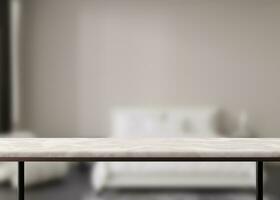 Empty white marble table top and blurred bedroom interior on the background. Copy space for your object, product, cosmetic presentation. Display, promotion, advertising. 3D Rendering. photo