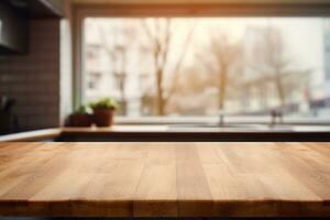 Empty wooden table top and blurred kitchen interior on the background. Copy space for your object, product, food presentation. Generative AI. photo