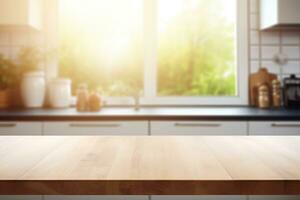 Empty wooden table top and blurred kitchen interior on the background. Copy space for your object, product, food presentation. Generative AI. photo