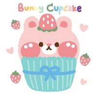 Cute Bunny head strawberry cupcake on white background.Sweet vector