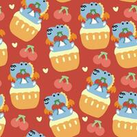 Seamless pattern of cute dragon on cupcake with cherry on red background.Jurassic animal vector