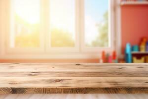 Empty wooden table top and blurred kids room interior on the background. Front view. Copy space for your object, product, toy presentation. Generative AI. photo