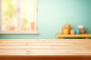 Empty wooden table top and blurred kids room interior on the background. Front view. Copy space for your object, product, toy presentation. Generative AI. photo