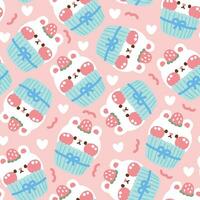 Seamless pattern of cute rabbit head cupcake with heart on pink pastel background. vector