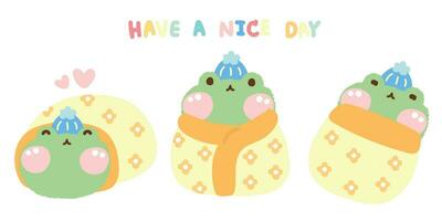 Set of cute frog doll relax in various poses cover with a flower pattern blanket.Reptile animal vector