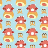 Seamless pattern of cute dragon sit on strawberry bread with bow tie bread on pastel vector