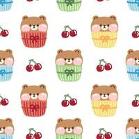 Seamless pattern of cute teddy bear cupcake with tiny cherry on white background. vector