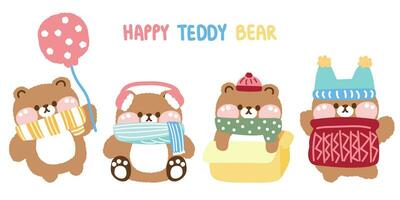 Set of cute teddy bear doll various poses in winter and autumn concept. vector