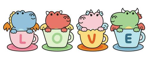 Set of cute dragon stay in coffee cup have love text writing.Jurassic animal vector