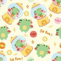 Seamless pattern of cute dragon with toy vending machine and coin on pastel background. vector