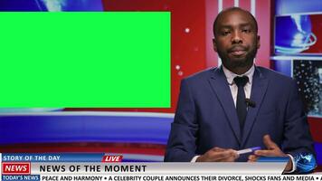 Newscaster does report with greenscreen on live tv program, presenting latest news in newsroom using isolated mockup chromakey template. Media journalist does world advertisements. video