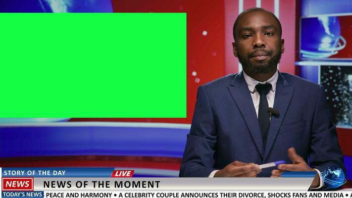 Newscaster does report with greenscreen on live tv program ...