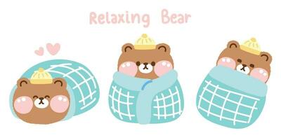 Set of cute teddy bear doll relax in various poses cover with a blanket.Wild vector