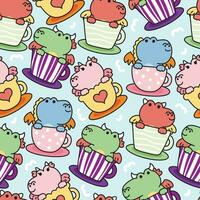 Seamless pattern of cute dragon stay in cup on pastel background.Jurassic animals character vector