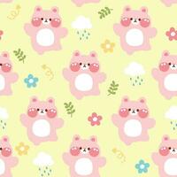 Seamless pattern of cute cheerful rabbit with flower and leaf on pastel background. vector