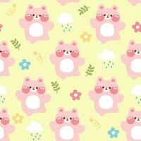 Seamless pattern of cute cheerful rabbit with flower and leaf on pastel background. vector