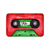 Red and green audio cassette tape. Hand drawn watercolor illustration on transparent background. Isolated design element from era 80s 90s technology. Nostalgic retro set of iconic objects from 1990s png