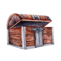 Watercolor open wooden chest isolated illustration on transparent background. Hand drawn design element. Pirate treasure storage container. png