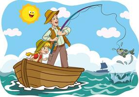 vector illustration of father and kids fishing