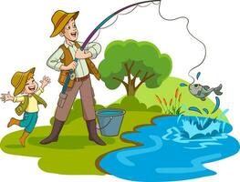 vector illustration of father and son fishing