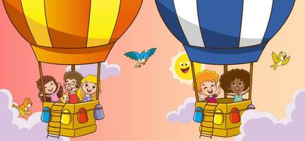 vector illustration of kids flying with air balloon