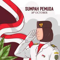 Vector Hand drawn illustration for indonesian sumpah pemuda. Illustration of flag raisers being respectful