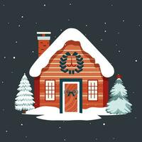 Fairy scandi winter house. Christmas scandinavian home and trees. Trendy childish illustration. Christmas card vector