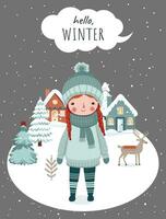 Winter poster with girl, snowy trees, house. Christmas card for event invitation, voucher. Wintry scenes. vector