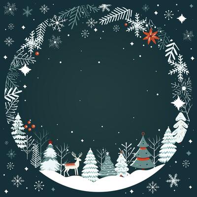 Christmas card, frame with snowflakes, trees. Winter concept in scandi style. New year, Merry Chrisrmas poster