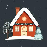 Fairy scandi winter home. Christmas scandinavian house and trees. Trendy childish vector house. Christmas card