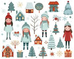 Cute girls, trees, houses. Scandi christmas set. Hand drawn christmas elements. Winter vector illustration.