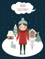 Hand drawn winter poster with girl, snowy trees, house. Wnter christmas card for event invitation, voucher, social media. Wintry scenes. vector