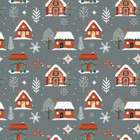 Winter seamless pattern with houses and snowy trees. Christmas vector pattern. Winter background.