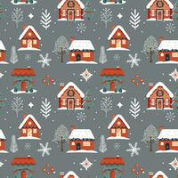 Winter seamless pattern with houses and snowy trees. Christmas vector pattern. Winter background.