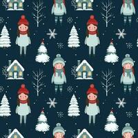 Winter seamless pattern with girls, house, snowy trees. Christmas vector pattern. Winter background design.