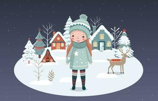 Hand drawn winter banner with girl, snowy trees, houses. Christmas design, background, poster. Wintry scenes. vector