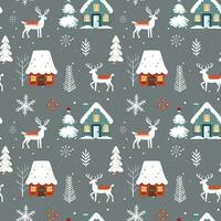 Winter seamless pattern with deer houses and snowy trees. Christmas vector pattern. Winter background.