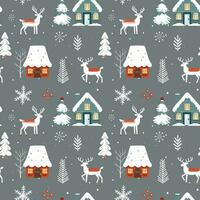 Winter seamless pattern with deer houses and snowy trees. Christmas vector pattern. Winter background.