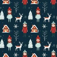 Winter seamless pattern with girls, house, snowy trees. Christmas vector pattern. Winter background design.