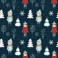 Winter seamless pattern with girls, snowy trees. Christmas vector pattern. Winter background design.